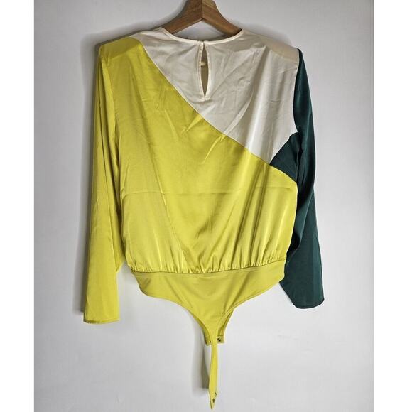 Express Colorblock Green/White Satin Strong Padded Shoulder Thong Bodysuit Large - Picture 4 of 9